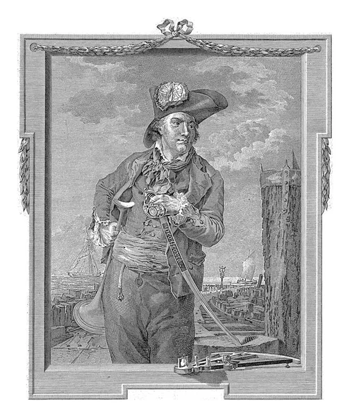 私掠船で船長のニコラス ジャリーの肖像画で 一方で船の角を持ち もう一方ではセイバーを持っている フレームの下部には現存するものがある 背景には海の2隻の船 — ストック写真