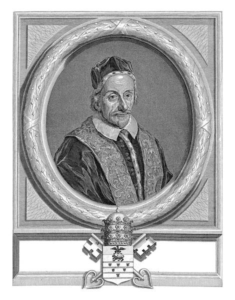 教皇英诺森十一世椭圆形画框中的肖像 往右半边在肖像画的下面是教皇的纹章 — 图库照片