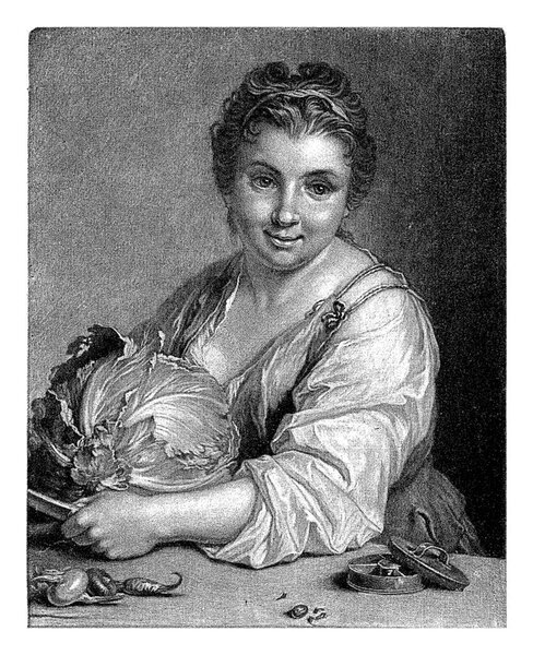 Young Woman with a Cabbage, Bernard Picart, after Jean-Baptiste Santerre, 1701