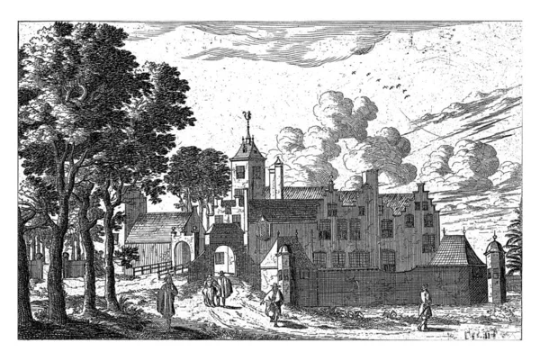 1596年に建てられた ハーグの現在のBezuidenhoutの近くに建てられたTer Noot城の眺め 前景には 城の入り口につながる道に木と5人のグループがあります — ストック写真