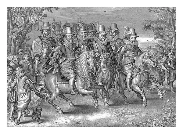 奥兰治 拿骚王朝六名王子的马队 雅各布斯 Willem Jacobsz Delff跟在Adriaen Pietersz后面范 凡尔纳 1621年奥兰治 拿骚王朝的六位王子 — 图库照片