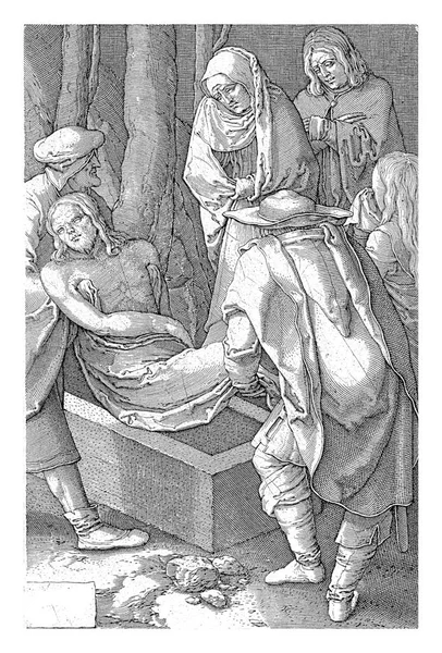 Jan Harmensz 继1613 1622年的卢卡斯 莱登之后 阿里马提亚的约瑟夫和尼科德莫斯把基督的遗体抬进了坟墓 背景是玛丽 约翰和玛丽 玛格达琳 — 图库照片