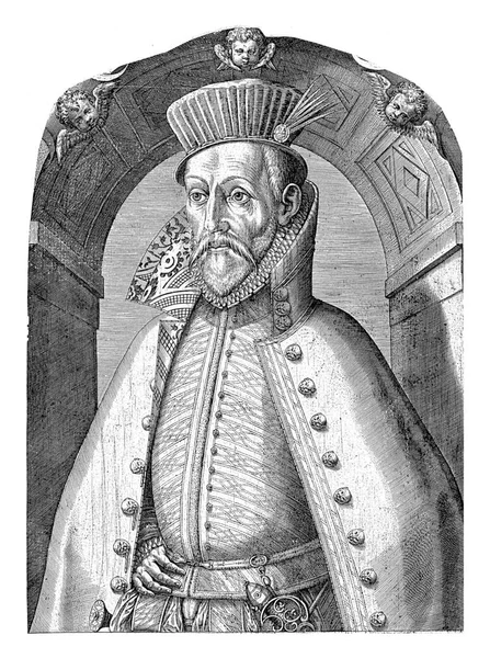 加斯帕德 科利尼的肖像 1550 1600 他戴着一顶皱巴巴的帽子 斗篷上的纽扣都是色鬼的头 它矗立在一个圆形拱下 上面装饰着三个基路伯 — 图库照片