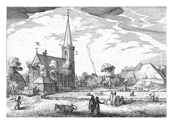ディーメンの見解 クレス ヤンツ ヴィッシャー2世 1689年 1720年 左側の教会と右側の茅葺屋根の農場とディーメンの村の眺め — ストック写真