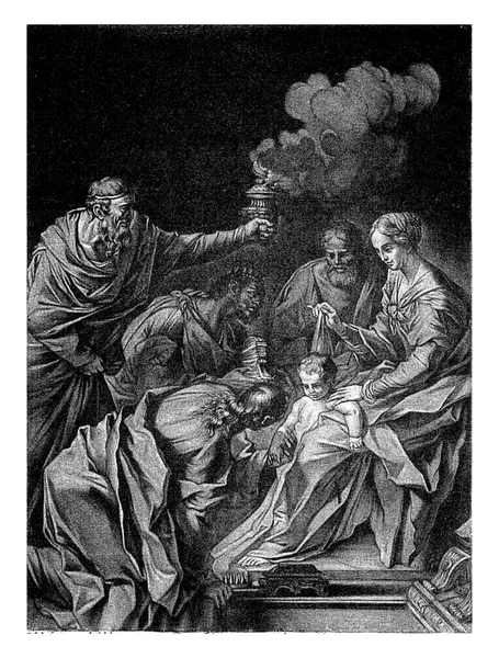 マリアとヨセフの前で キリストの子は東から三人の魔術師によって崇拝されています — ストック写真