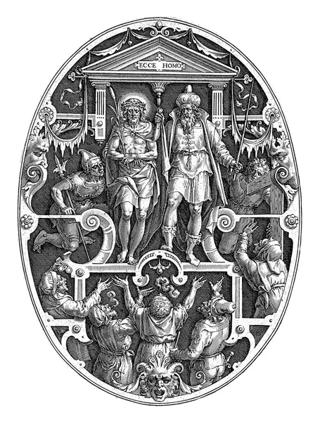 庞蒂厄斯 彼拉多向嘲笑他的犹太人展示了被诅咒的基督 站在椭圆形与装饰品 — 图库照片