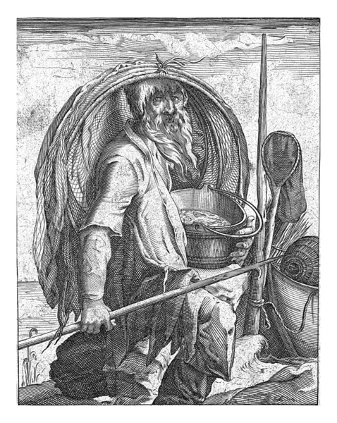 バケツ ハープーン を手にした漁師 水の要素を象徴しています 漁師の嘆きのオランダ語のキャプションが印刷されています — ストック写真