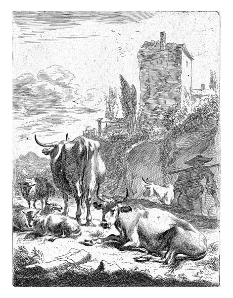 ヴィシャーと風景の中に ニコラスPietersz後に開催されます バーケム 1643年 1692年丘陵地帯には牛や羊の群れが立っています — ストック写真