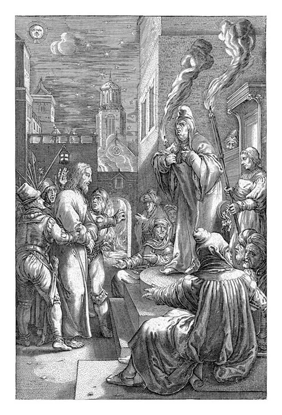 Christ Brought High Priest Caiaphas Caiaphas Stands Platform Two Torches — Stock Photo, Image