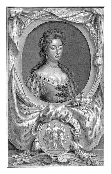 メアリー2世スチュアートの肖像 ジェイコブHoubraken ゴットフリート ケラーの後 1744楕円形のメアリー2世の肖像画 周りには王冠や杖を含む多くのオブジェクトがあります — ストック写真