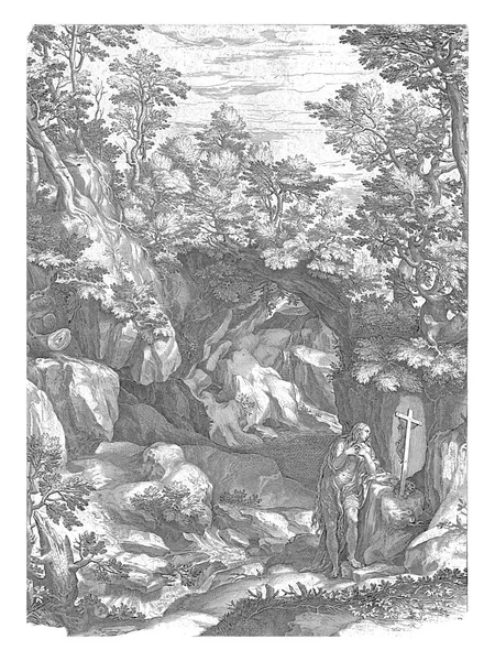 聖マリア マグダレナとの風景 コルネリス コート ジロラモ ムジアーノの後 1774渓谷で十字架の前に祈る聖マリア マグダレナとの風景 — ストック写真