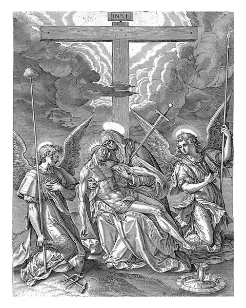 ピエタ ヒエロニムス ウィリクス マーテン ヴォスの後 1584年 マリアは十字架の足の膝の上でキリストの死体と共に泣きました 剣が心臓に刺さった — ストック写真