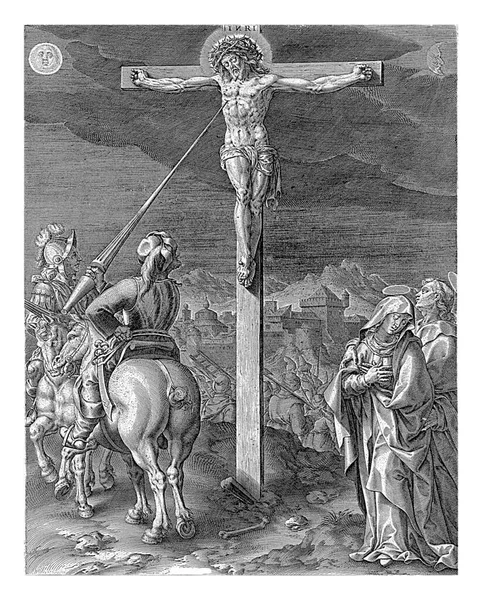 キリストの十字架刑 アントニー ウィリックス 1565 1604年以前カルヴァリーでのキリストの十字架刑 兵士はキリストの横に槍を突きつけます 十字架でのメアリーとジョン ムーロン — ストック写真