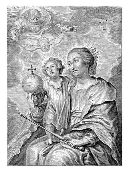 马利亚和基督的孩子坐在她腿上 基督拿着一个地球仪 马利亚拿着一个权杖 双方都把上帝和鸽子看作是出现在他们上方天空中的圣灵的象征 — 图库照片