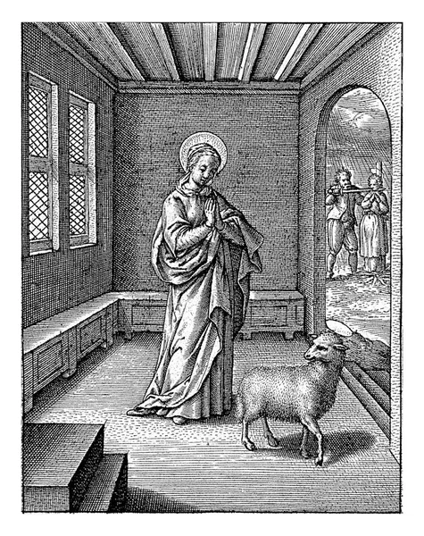 害羞的美德 Hieronymus Wierix 1563年 1619年之前 圣艾格尼丝在教堂祈祷 羊儿走在她前面 在正确的背景下 阿格尼丝的斩首 — 图库照片