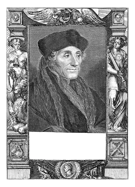 Εκτύπωση Τυπωμένο Από Δύο Πιάτα Προτομή Του Desiderius Erasmus Κάτω — Φωτογραφία Αρχείου