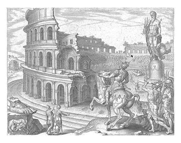 Zřícenina Římského Kolosea Uprostřed Kolosea Socha Jupitera Bojuje Popředí Císař — Stock fotografie