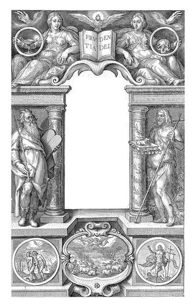Title in the center of the architectural frame in which on the right John the Baptist with the book with the seven seals from the Bible book of Revelation.