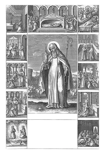 圣克莱尔 左手拿着一个女修道院长 右手拿着一个修道院长 在此背景下 撒拉逊人被驱逐出San Damiano修道院 — 图库照片
