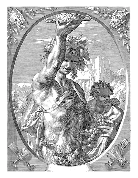 Bakchus Jako Bůh Vína Pohárem Vína Hrozny Hroznů Oválném Ornamentálním — Stock fotografie