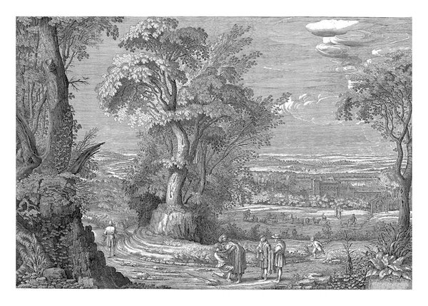 在广阔的森林中 在中间的前景中 浪子回头跪在拥抱他的父亲面前 两个仆人站在他们的右边 — 图库照片