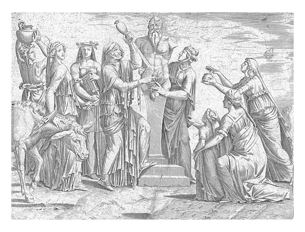 Siedem Kobiet Młoda Dziewczyna Otaczają Posąg Pirapus Dwie Kobiety Namaściły — Zdjęcie stockowe
