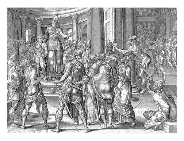 寺院のデイスでは 大祭司は王の番人にジョアシュ王を紹介します 男たちは王に忠誠を誓う パフォーマンスについてラテン語で詩のマージンの下部に — ストック写真