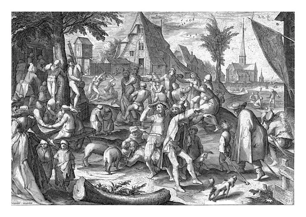 ファーマーズフェア ニコラス ヤンツ カレル ファン マンダー 文禄2年 1593年 の後前景に3人の酔った踊りの農民 旅館のテーブルの左側で一緒に食べたり飲んだりする人もいます — ストック写真