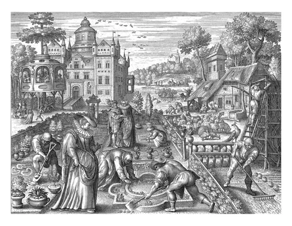 ニコラス ブライン マーテン ヴォスの後 1600春の活動を持つ城の庭 農場の庭と羊の小屋での剪定と格付 — ストック写真