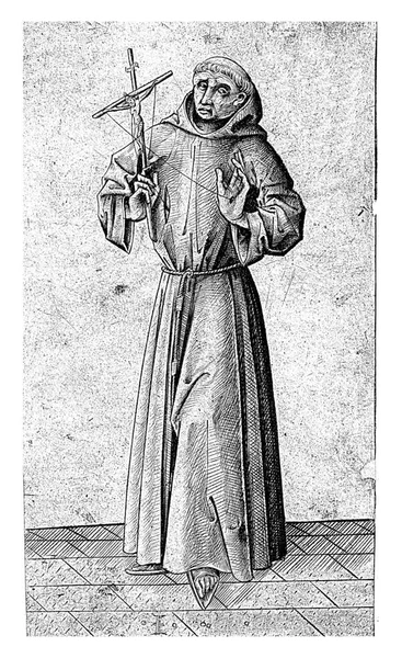 오른손에 십자가를 아시시의 프란치스코 머리의 오른쪽에는 비문이 새겨져 — 스톡 사진