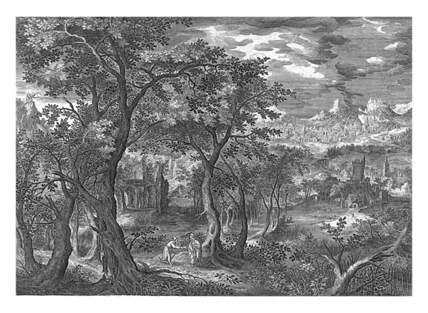 在基督的诱惑下 山的风景 隆德谢尔 芬奇庞斯 1601 1702山的风景 以一位穿着僧袍的老人为幌子 与基督和魔鬼同在 — 图库照片