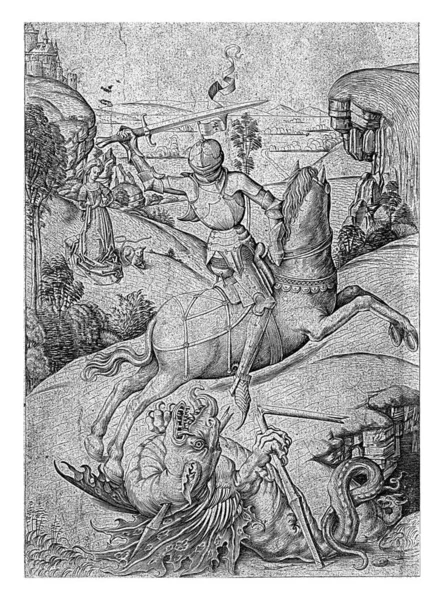 ジョージは剣を持って馬に乗っている 槍でドラゴンを追いかける 女性と子羊を背景にした風景 — ストック写真