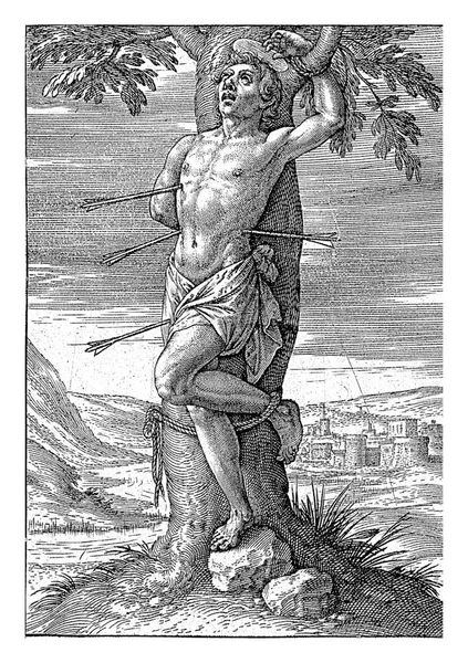 Saint Sebastian Tied Tree Arrows Have Drilled His Body Background — Stock Photo, Image