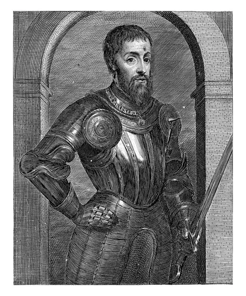 ハプスブルク家のフェルディナンド1世の肖像画 鎧を着て左手に剣を持っている マージンではラテン語で2行のキャプション — ストック写真
