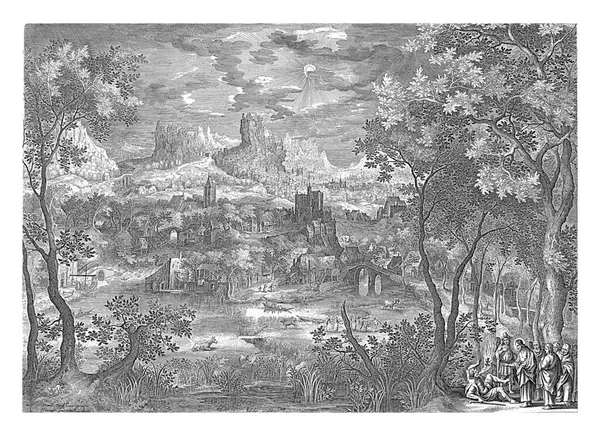 遠くの丘に対して構築された都市と森の風景 キリストが右側の湿地帯の前景では 傍観者の慎重な目の下で — ストック写真