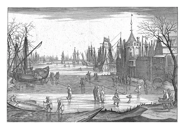 Skaters on the ice. Ships in the ice in the background. To the right the bank with the edge of a town. With a caption in Latin