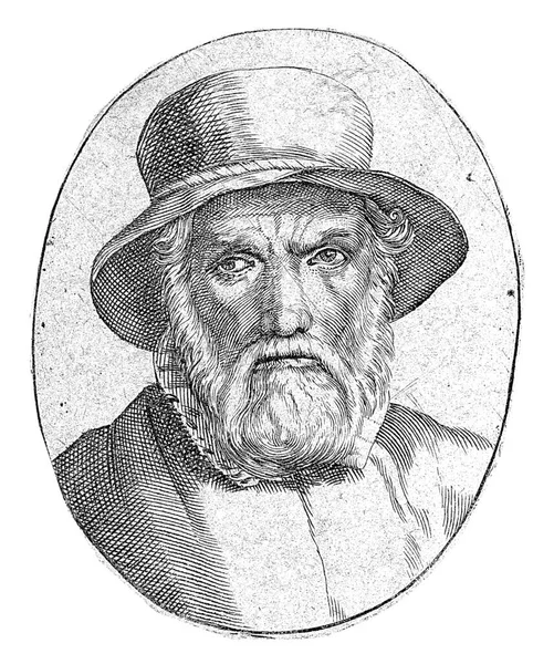 Bust Porträtt Oval Äldre Skäggig Man Hatt — Stockfoto