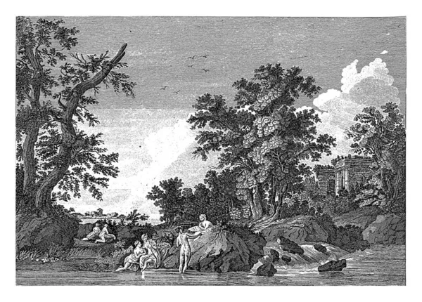 사베르네 풍경이요 여자들은 강에서 목욕을 타이틀 제목은 프랑스어로 오른쪽 아래의 — 스톡 사진