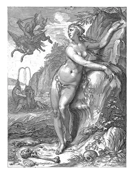 エチオピアの王の娘であるアンドロメダは岩に鎖でつながれている 背景には ペルセウスはアンドロメダを救うために海の怪物を倒します — ストック写真