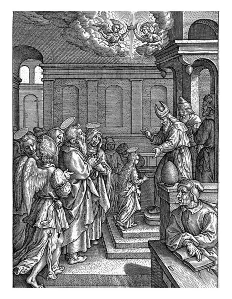 圣母玛利亚在圣殿的介绍 Hieronymus Wierix 1563年 1619年以前年轻的圣母玛利亚在她的父亲 母亲和天使的陪伴下走上通往圣坛的楼梯 — 图库照片