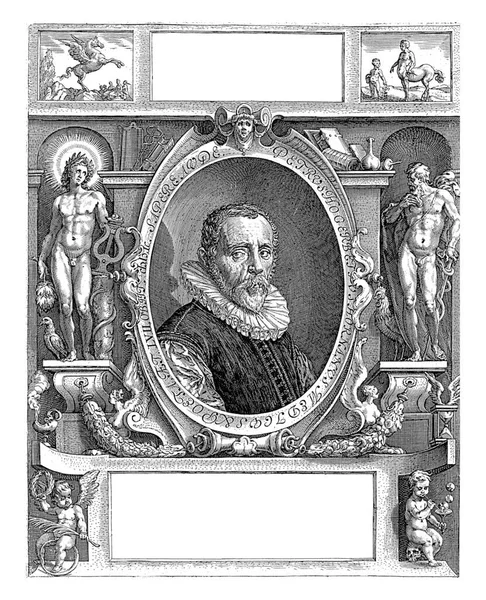 Busta Napravo Lékaře Básníka Petruse Hogerbeeta Oválném Rámečku Latinským Textem — Stock fotografie