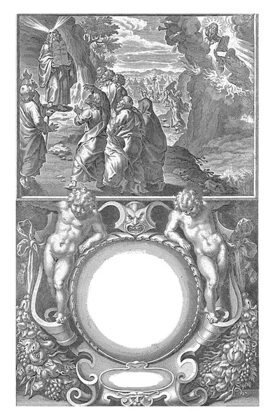 摩西收到了法律的石碑 并在1627年尼古拉 范德霍斯特之后 把这些石碑给人们看 — 图库照片
