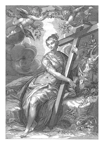 信仰の女性の人格 3つの神の美徳の一つは 彼女の手の中に十字架と聖杯と パッティは月桂樹の花輪と花で彼女の頭の上を飛んで — ストック写真
