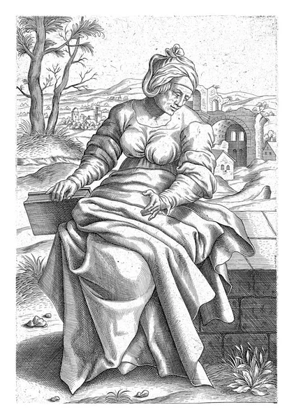 Pers Sibyl Sağ Elinde Bir Kitapla Oturuyor Arka Planda Bir — Stok fotoğraf