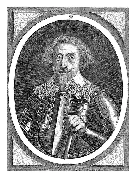 佩带盔甲的巴登侯爵威廉的肖像他用左手靠在指挥棒上 肖像画呈椭圆形 边缘为正方形 边缘为拉丁文 — 图库照片