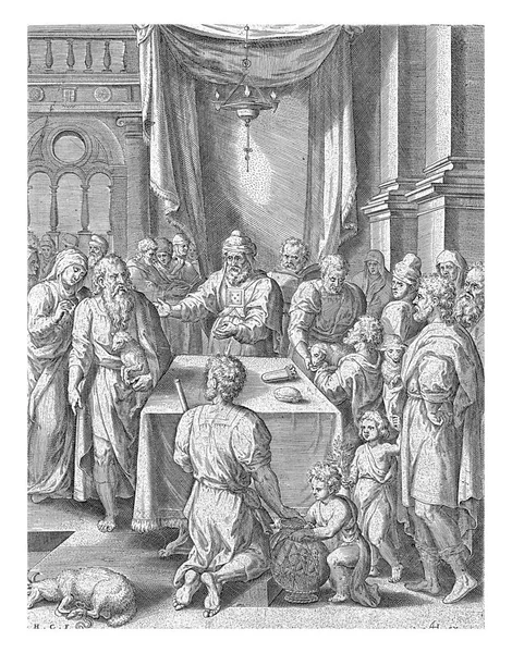 约阿希姆和安娜在圣殿里 科勒特 1576年 约阿希姆想在圣殿里献祭一只羊羔 但值班牧师拒绝献祭 — 图库照片