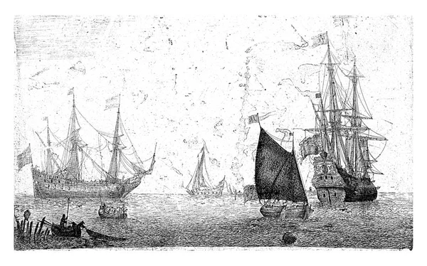A sloop full of men sails to a three-masted sailboat. On the right is another three-master, also with lowered sails. A fishing boat sails for that. In the foreground, fishermen haul in their nets from their sloops.