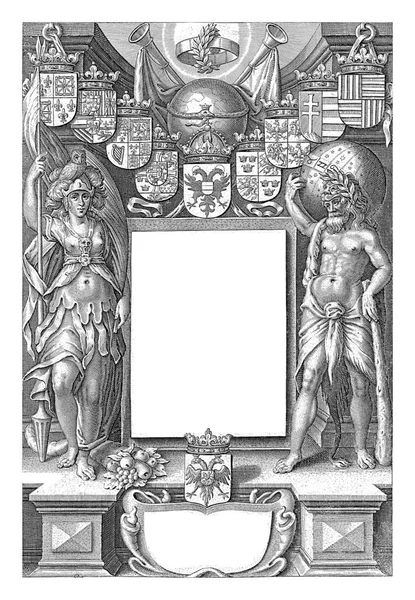 Herkules Minerva Stojící Obou Stranách Titulní Kartuše Korunované Erby Glóbem — Stock fotografie