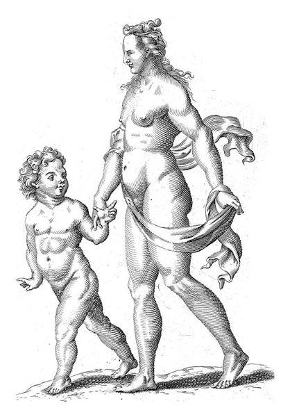 Een Naakte Venus Met Één Doek Haar Lendenen Houdt Cupido — Stockfoto