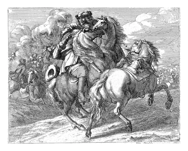 ライダーは 帽子がピストルで落ちる別のライダーを撃つ 彼らの前では そのライダーを失った馬をギャロップ — ストック写真